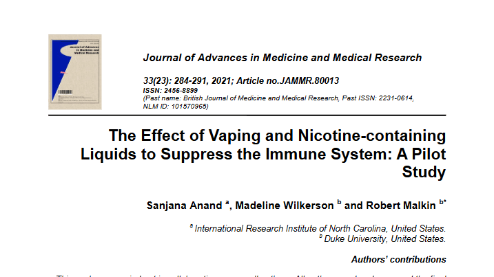 Paper: The Effect of Vaping and Nicotine-containing Liquids to Suppress the Immune System: A Pilot Study