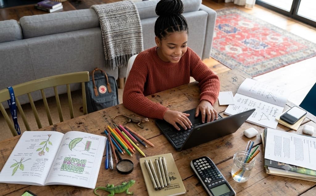 High school student studying at a laptop with notebooks, diagrams, and school supplies